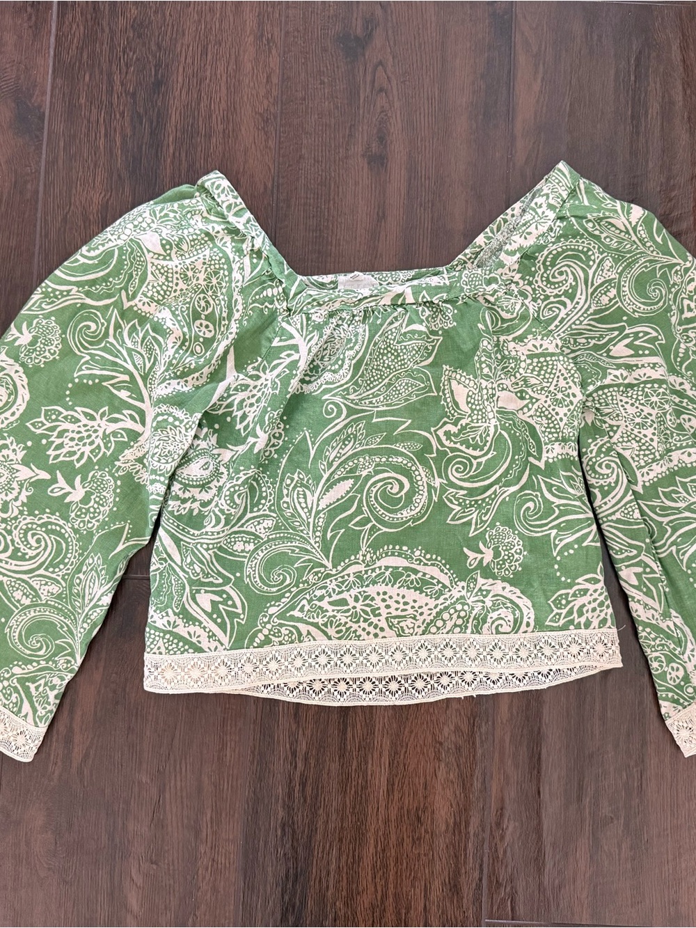 Cottage Core Nicole Miller Green Paisley Square-Neck Crop Top Lace Trim Boho